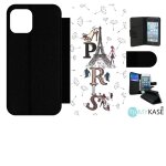 Etui a rabat iphone 12 - paris fond blanc - simili - cuir - noir