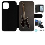 Etui a rabat iphone 12 - guitare rock n roll - simili - cuir - noir