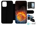 Etui a rabat iphone 12 mini - ballon de basket eau et feu - simili - cuir - noir