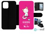 Etui a rabat iphone 12 mini - en couple avec mon chat fond rose - simili - cuir - noir