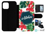 Etui a rabat iphone 12 pro - aloha tropical fond blanc - simili - cuir - noir