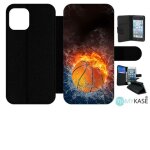 Etui a rabat iphone 12 pro - ballon de basket eau et feu - simili - cuir - noir
