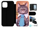 Etui a rabat iphone 12 pro - chat cravate - simili - cuir - noir