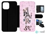 Etui a rabat iphone 12 pro max - paris fond rose pale - simili - cuir - noir
