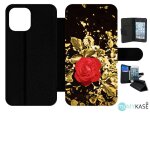 Etui a rabat iphone 12 pro max - rose et feuille d'or - simili - cuir - noir