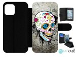 Etui a rabat iphone 12 pro - skull fleur bleu fond gris - simili - cuir - noir