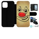 Etui a rabat iphone 12 - smiley clown nez rouge - simili - cuir - noir