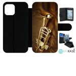Etui a rabat iphone 12 - trompette musique - simili - cuir - noir