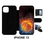 Etui a rabat iphone 13 - ballon de basket eau et feu - simili - cuir - noir