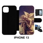 Etui a rabat pour iphone 13 - buddha - simili - cuir - noir