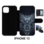 Etui a rabat iphone 13 - loup fond gris - simili - cuir - noir