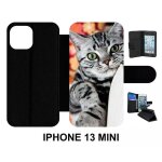 Etui a rabat iphone 13 mini - chat tigr� gris yeux vert - simili - cuir - noir