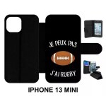 Etui a rabat iphone 13 mini - je peux pas j ai rugby ballon fond noir - simili - cuir - noir