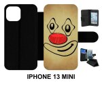 Etui a rabat iphone 13 mini - smiley clown nez rouge - simili - cuir - noir