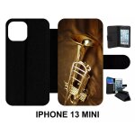 Etui a rabat iphone 13 mini - trompette musique - simili - cuir - noir