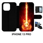 Etui a rabat iphone 13 pro - blazing guitare - simili - cuir - noir