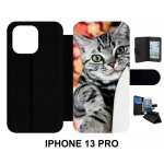 Etui a rabat iphone 13 pro - chat tigr� gris yeux vert - simili - cuir - noir