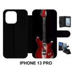 Etui a rabat pour iphone 13 pro - guitare red - simili - cuir - noir