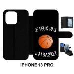 Etui a rabat iphone 13 pro - je peux pas j ai basket fond noir - simili - cuir - noir