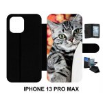 Etui a rabat iphone 13 pro max - chat tigr� gris yeux vert - simili - cuir - noir