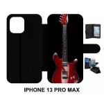 Etui a rabat pour iphone 13 pro max - guitare red - simili - cuir - noir