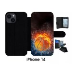 Etui a rabat iphone 14 - ballon de basket eau et feu - simili - cuir - noir