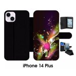 Etui a rabat iphone 14 + - d�cor abstrait feuille arabesque - simili - cuir - noir