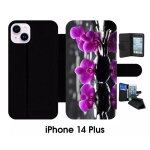Etui a rabat iphone 14 + - orchide violette fond gris - simili - cuir - noir