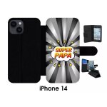 Etui a rabat iphone 14 - super papa fond graphique gris - simili - cuir - noir