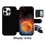 Etui a rabat iphone 14 pro - ballon de basket eau et feu - simili - cuir - noir