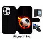 Etui a rabat iphone 14 pro - ballon de foot en feu - simili - cuir - noir