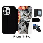 Etui a rabat iphone 14 pro - chat tigr� gris yeux vert - simili - cuir - noir