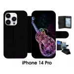 Etui a rabat pour iphone 14 pro - guitare effet n�on - simili - cuir - noir