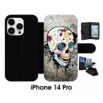 Etui a rabat iphone 14 pro - skull fleur bleu fond gris - simili - cuir - noir