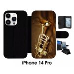 Etui a rabat iphone 14 pro - trompette musique - simili - cuir - noir