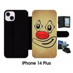 Etui a rabat iphone 14 + - smiley clown nez rouge - simili - cuir - noir