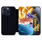 Etui a rabat pour iphone 15 pro - dragon ball gt trunks super saiyan 3 - silicone - noir