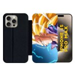 Etui a rabat pour iphone 15 pro max - dragon ball gt trunks super saiyan 3 - silicone - noir