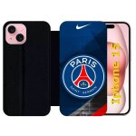 Etui a rabat pour iphone 15 - psg paris saint germain metalise - silicone - noir