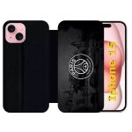 Etui a rabat pour iphone 15 - psg paris saint germain la seine - silicone - noir