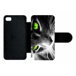 Etui a rabat iphone 4s - chat noir et blanc yeux vert - simili - cuir - noir