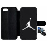 Etui a rabat pour iphone 7 - michael jordan logo gris - simili - cuir - noir