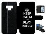 Etui a rabat pour galaxy note 9 - keep calm and play rugby - simili - cuir - noir