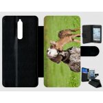 Etui a rabat nokia 8 - chien et petit chevreuil - simili - cuir - noir