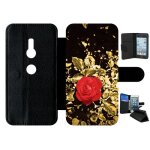 Etui a rabat - rose et feuille d'or - compatible avec sony xperia xz2 - simili - cuir - bord noir
