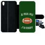 Etui � rabat xperia xa - je peux pas j ai rugby ballon fond vert - simili - cuir - noir
