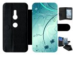 Etui � rabat xperia xz2 - abstrait turquoise fleur - simili - cuir - noir
