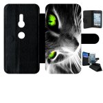Etui a rabat xperia xz2 - chat noir et blanc yeux vert - simili - cuir - noir