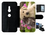 Etui a rabat xperia xz2 - chiot golden retriever et chaton - simili - cuir - noir