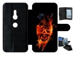 Etui a rabat xperia xz2 - crane en feu fire skull - simili - cuir - noir